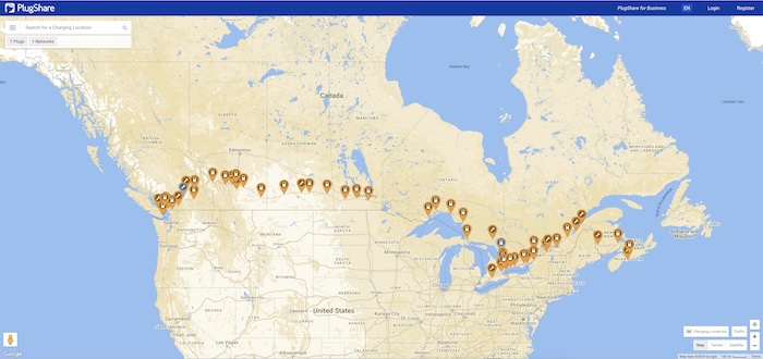 PlugShare map showing Petro-Canada's EV charging network.