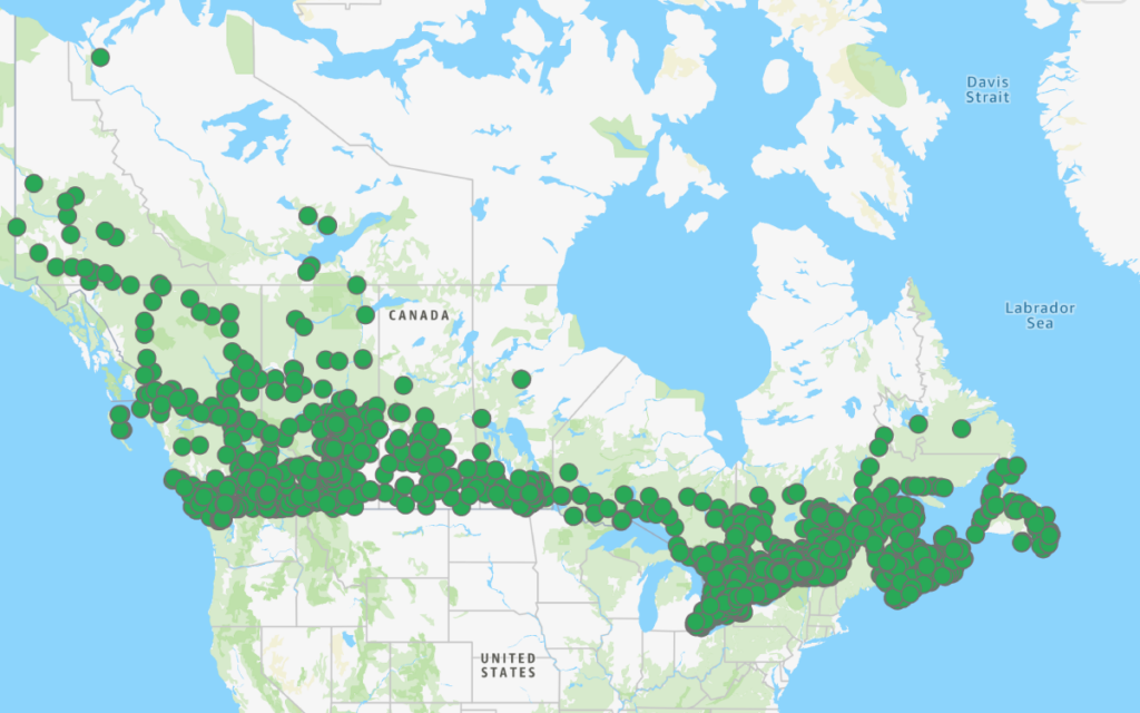 Map of Canadian EV charging locations as of March 25, 2026. — National Resources Canada